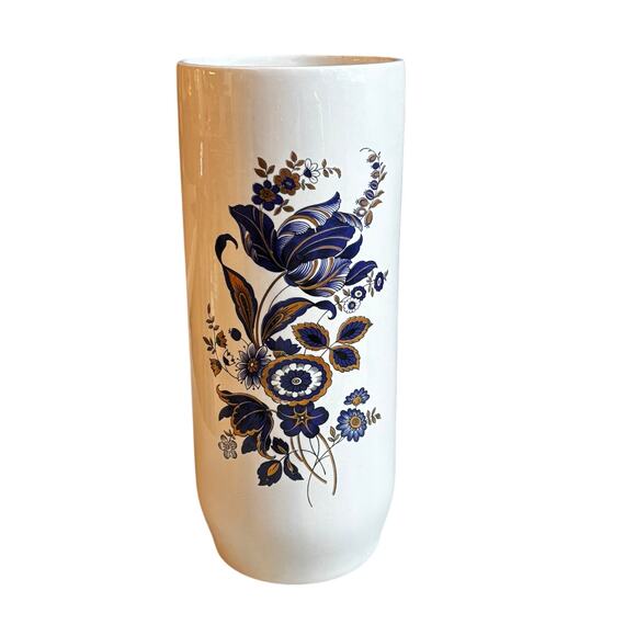 Vintage porcelain cylinder vase cobalt blue floral gold highlights hobbyist - Picture 1 of 10